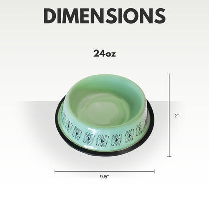 Boho stainless steel dog bowl in green with black geometric pattern 24oz capacity by American Pet Supplies
