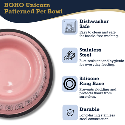 American Pet Supplies boho stainless steel dog bowl in pink with unicorn pattern and silicone ring base