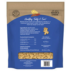 The Family Pet bacon and cheese dog treats in a resealable bag with ingredient details and a fun design