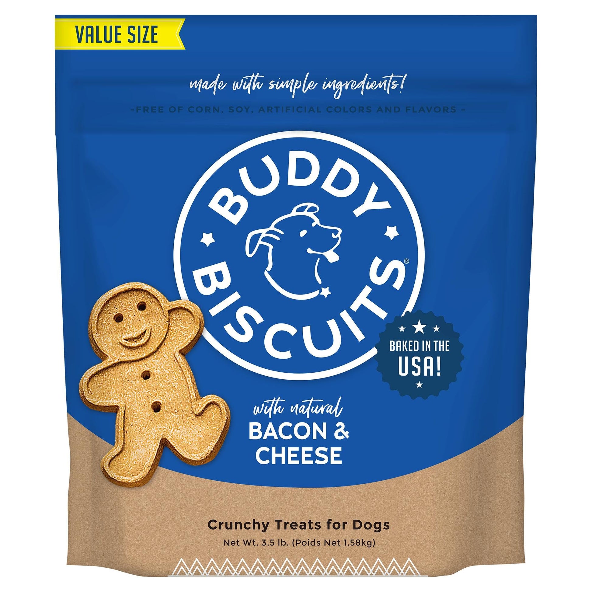 Buddy Biscuits Crunchy Bacon and Cheese Dog Treats in a Blue Value Size Bag