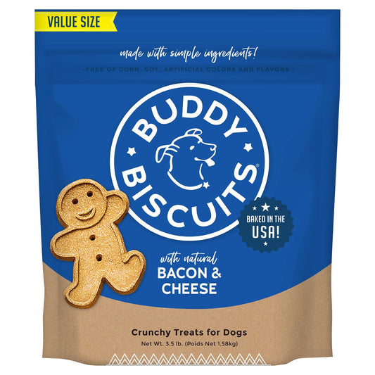 Buddy Biscuits Crunchy Bacon and Cheese Dog Treats in a Blue Value Size Bag