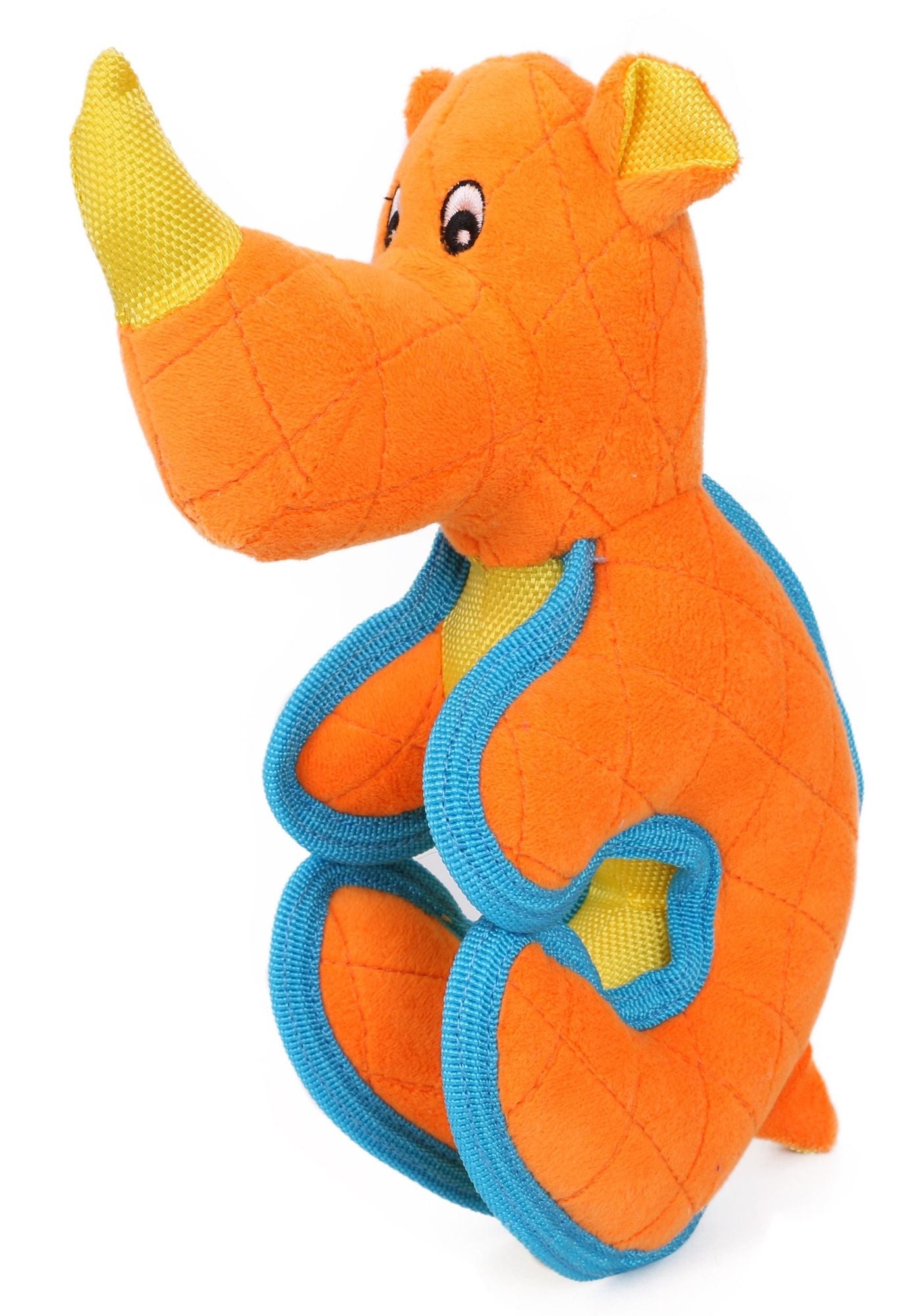 Orange and yellow cartoon plush dog toy with blue trim and playful stitched details