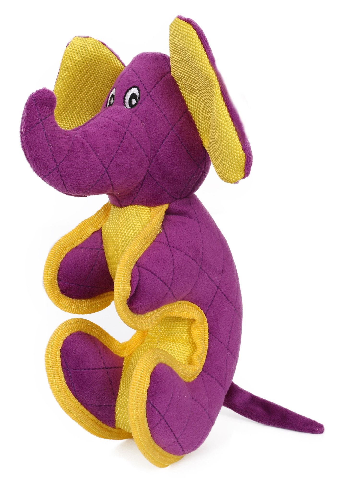 Purple and yellow cartoon plush dog toy shaped like a playful elephant with stitched details