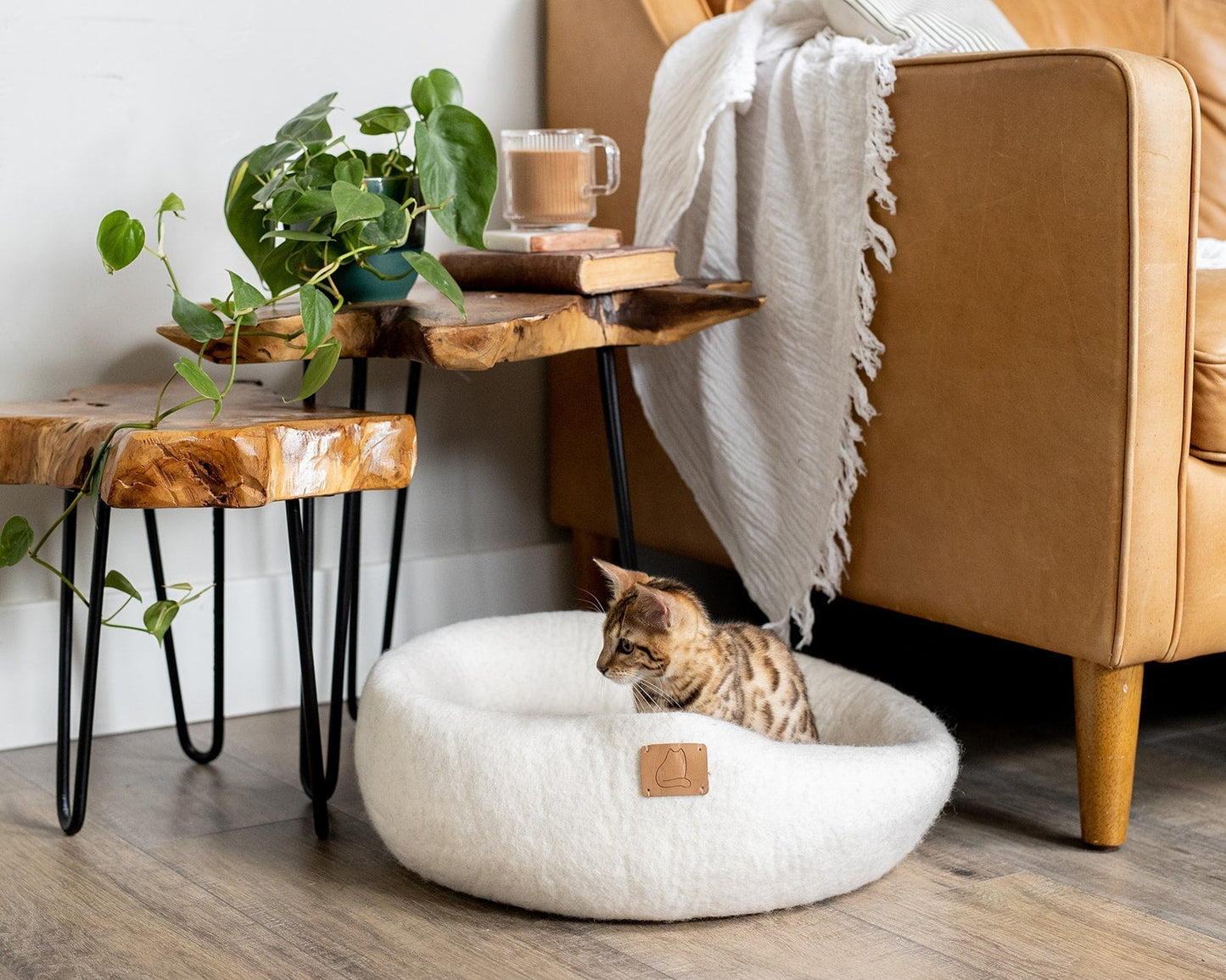 Cozy cat cave bed in cream color with a Bengal cat lounging inside a stylish living room