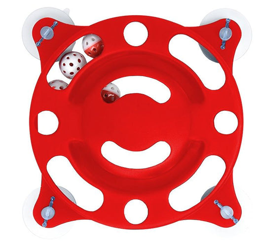 Red cat suction cup toy with attached suction cups and balls for interactive pet play