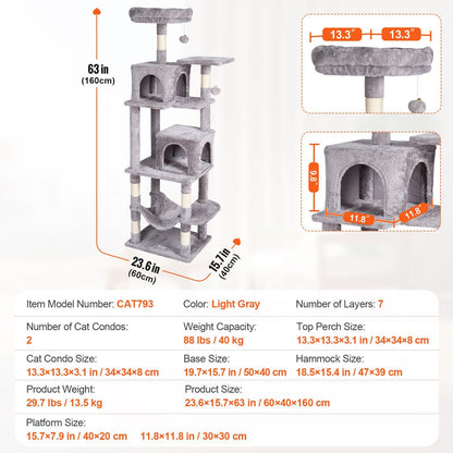 Light Gray cat tree with condos and scratching posts featuring multiple levels for playful cats