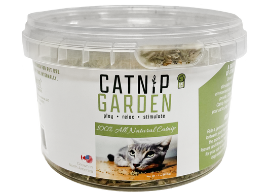 The Family Pet all natural catnip for cats in a clear plastic container with cat image on label