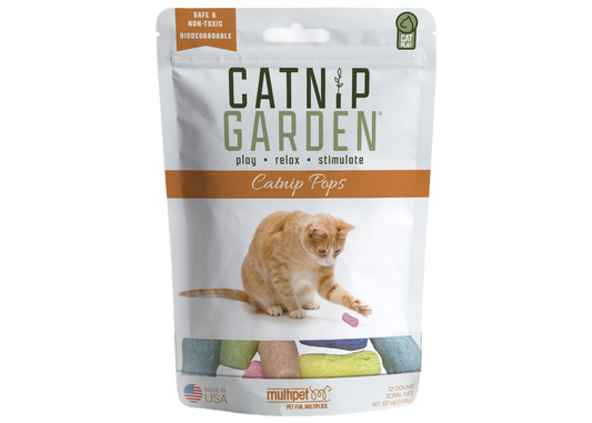 The Family Pet Catnip Pops for cats with a beige cat playing on the package of colorful catnip toys