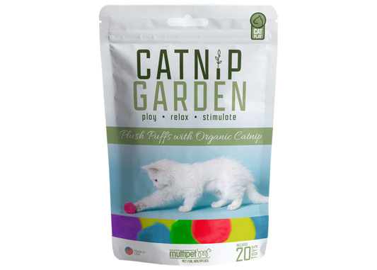 The Family Pet Catnip Garden packaging featuring catnip puffs for cats with a white kitten playing