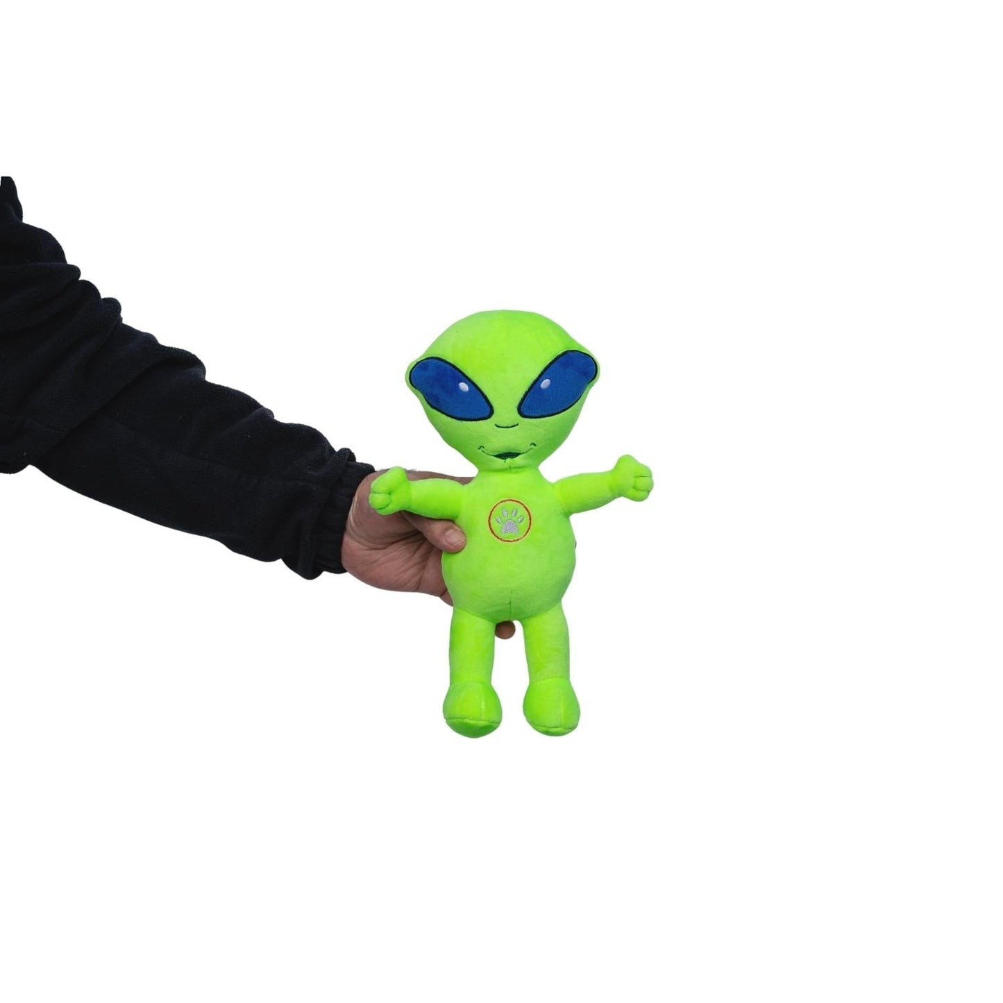 American Pet Supplies alien plush dog toy set in bright green held by a hand