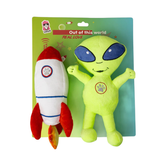 American Pet Supplies alien plush dog toy set with green alien and red white rocket chew toys