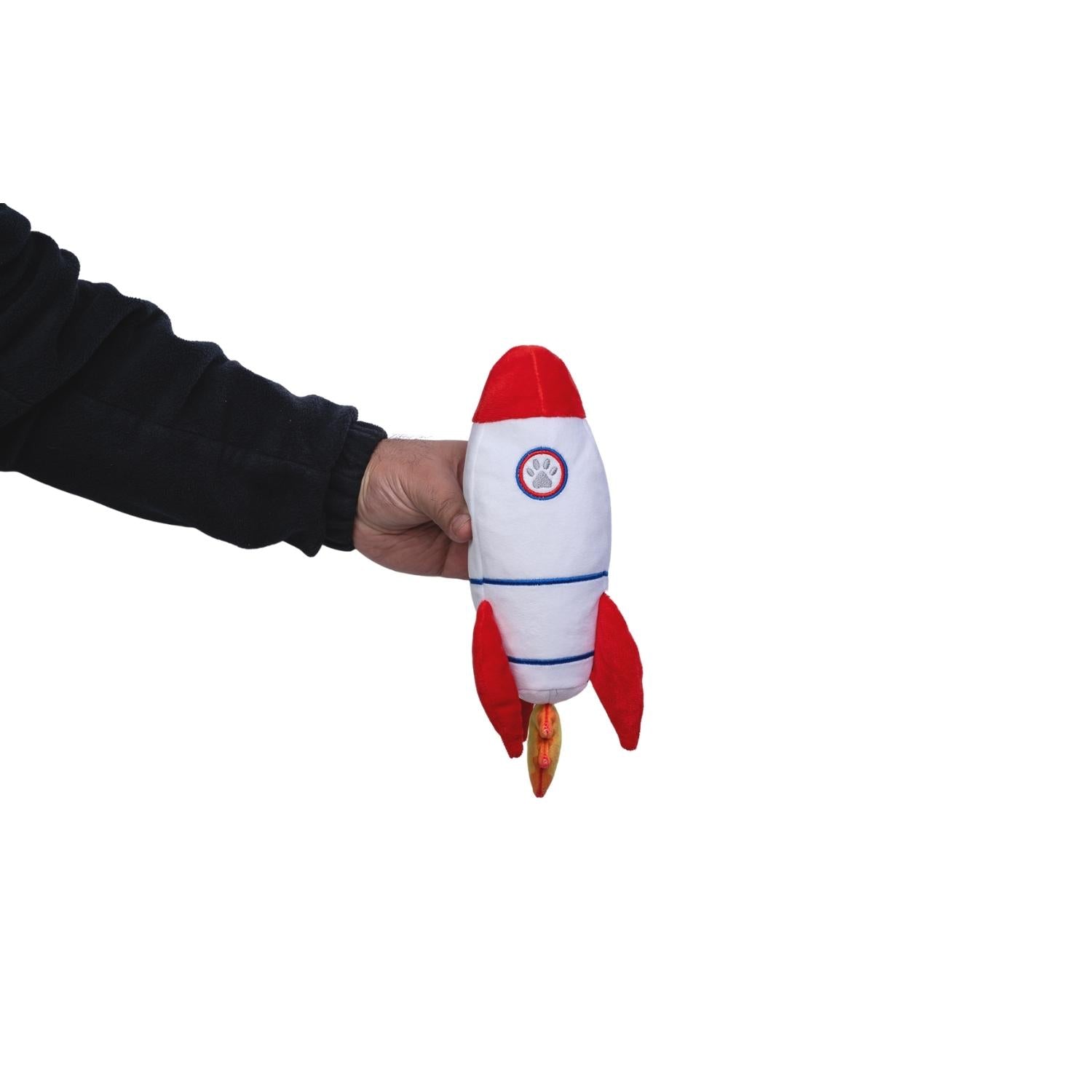 American Pet Supplies alien plush dog toy set red and white rocket chew toy held in hand