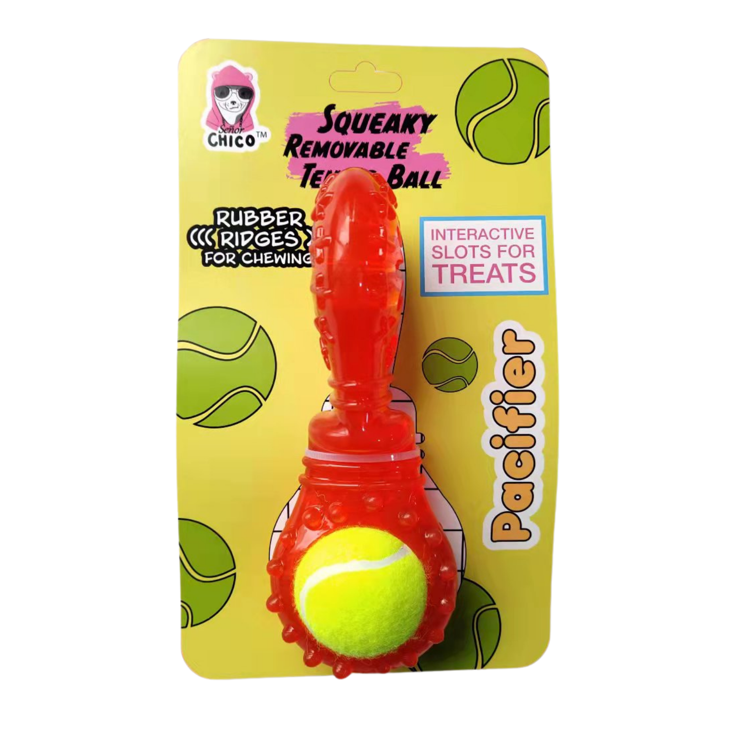 American Pet Supplies TPR Tennis Ball interactive dog chew toy with rubber ridges and treat slots