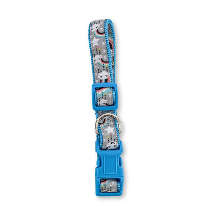 American Pet Supplies gray collar with blue buckle featuring cute rainbow dog collar design