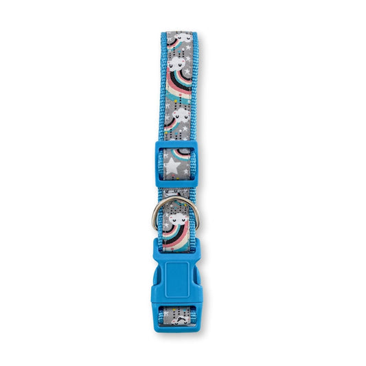 American Pet Supplies rainbow dog collar with blue buckle and whimsical cloud and rainbow design
