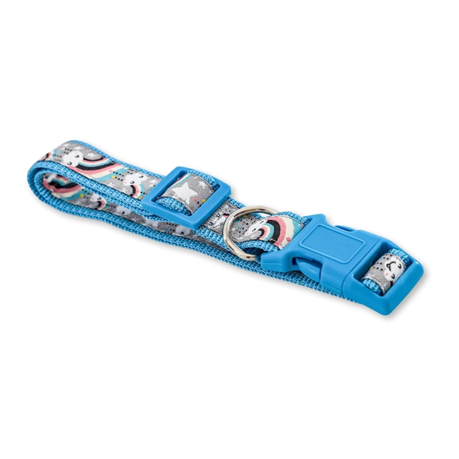 American Pet Supplies adjustable rainbow dog collar with blue buckle and cloud design