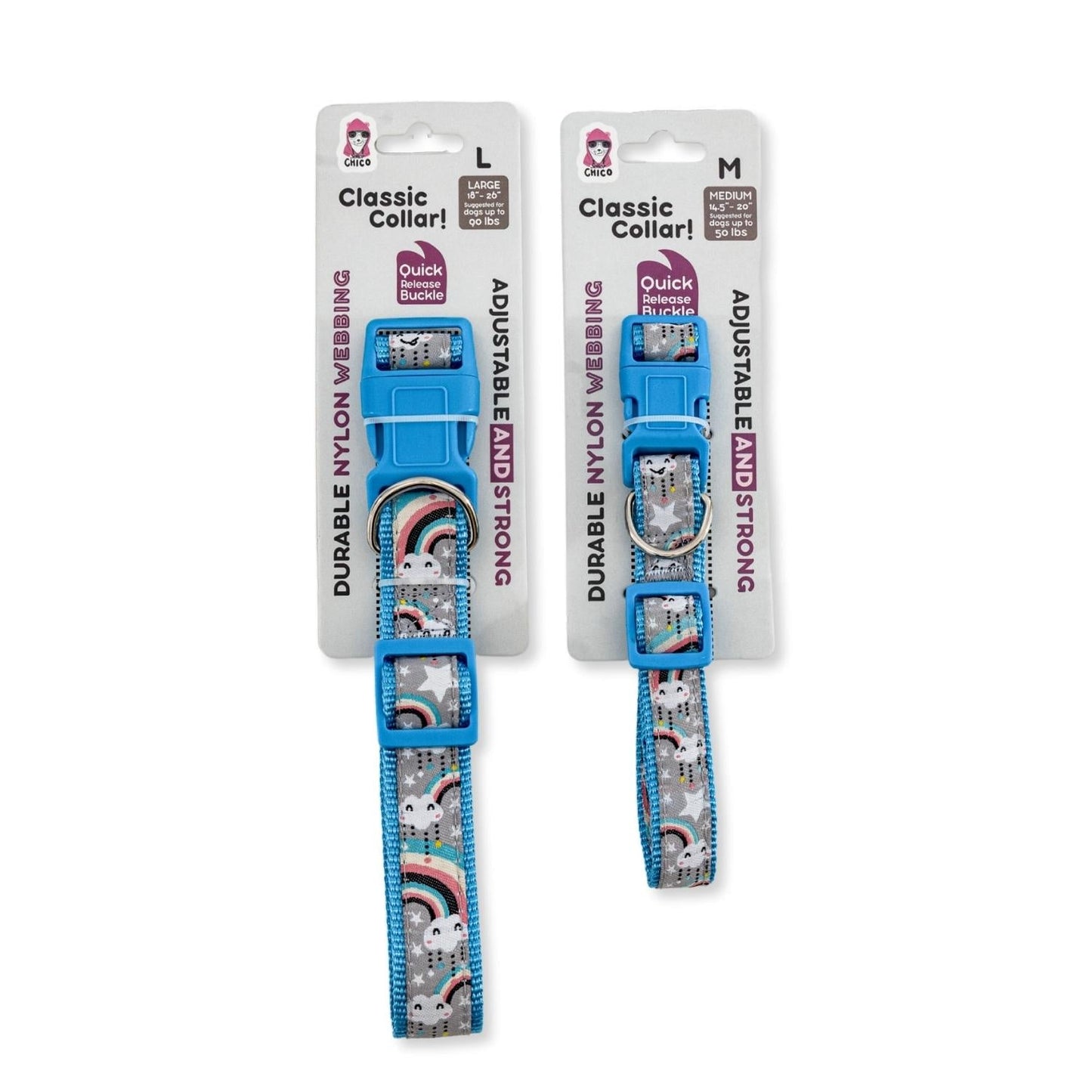 American Pet Supplies rainbow dog collar with blue quick-release buckle in large and medium sizes