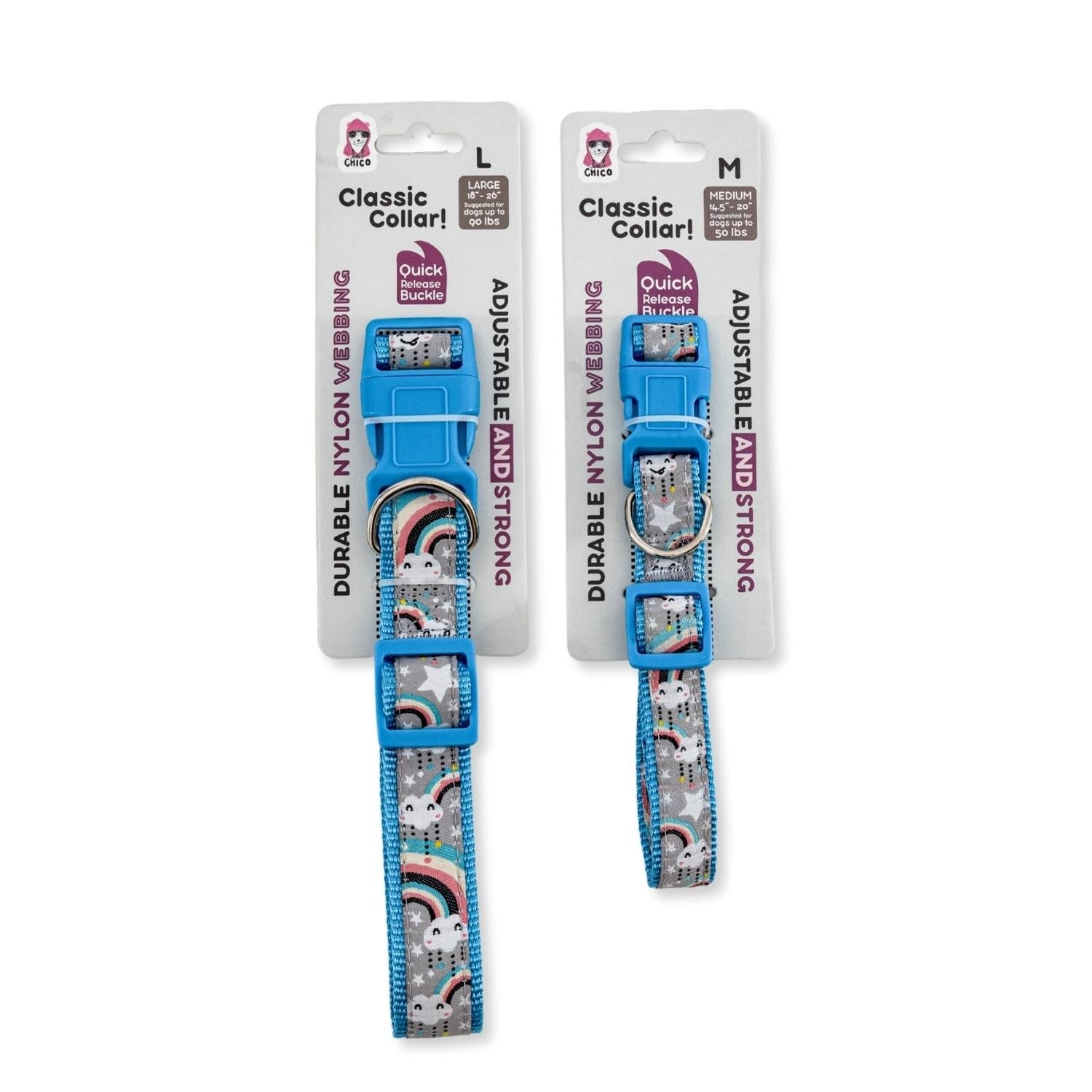 American Pet Supplies rainbow dog collar with blue quick-release buckle in large and medium sizes