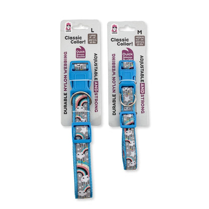 American Pet Supplies rainbow dog collar with blue quick-release buckle in large and medium sizes