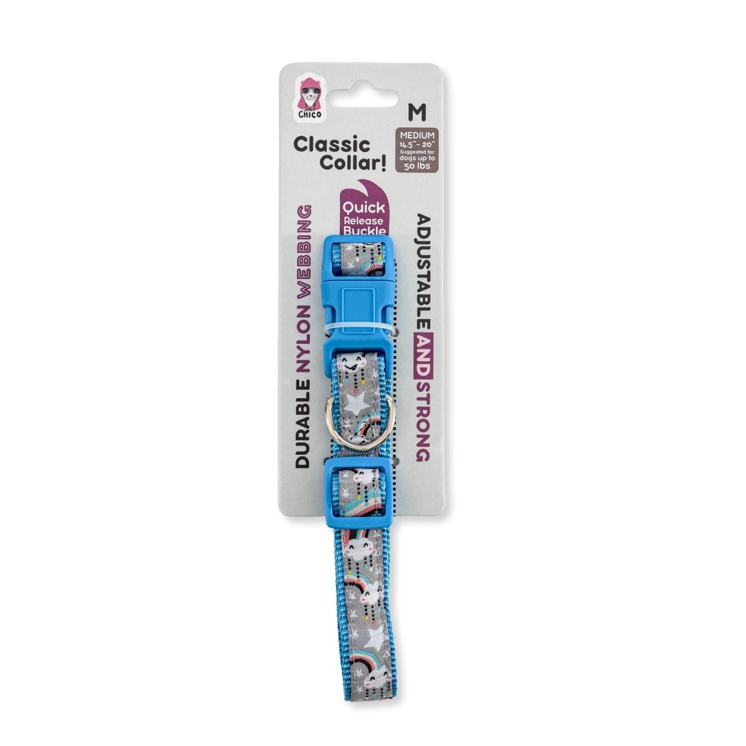 American Pet Supplies rainbow dog collar with blue adjustable buckle and durable nylon webbing