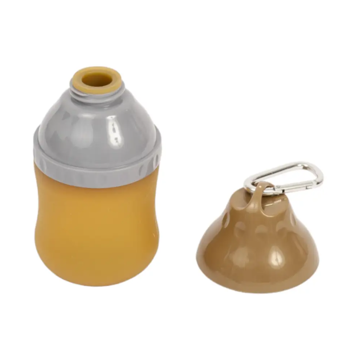 American Pet Supplies collapsible dog water bottle in yellow with gray top and carabiner cap