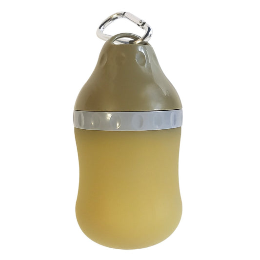 American Pet Supplies collapsible dog water bottle in tan with carabiner for easy carrying
