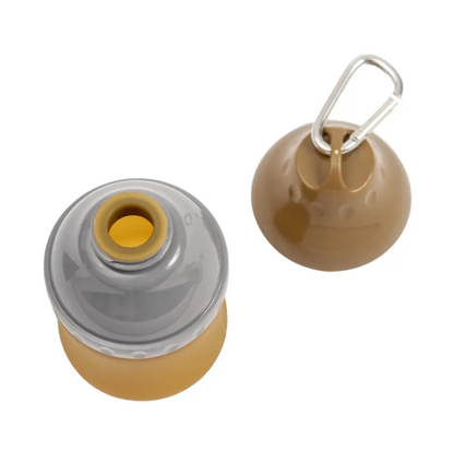 American Pet Supplies collapsible dog water bottle in brown and gray with attached carabiner clip for easy carrying