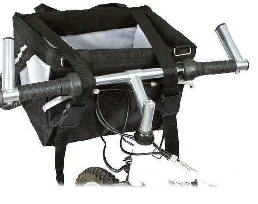 Black collapsible pet bicycle carrier attached to bicycle handlebars for safe pet transport