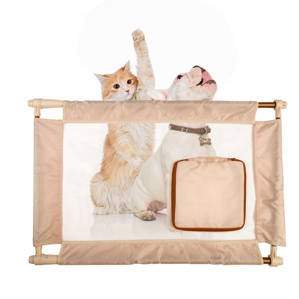 Collapsible pet gate for travel in beige with mesh center featuring a cat and dog behind it