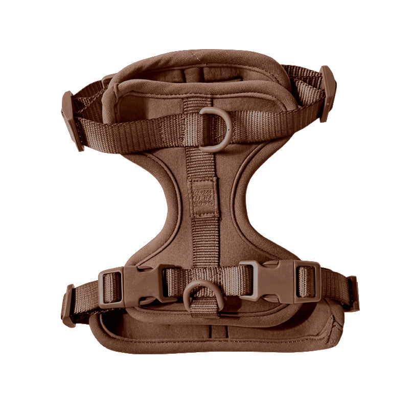 Brown Come Here Buddy dog harness for small and large dogs with adjustable straps and secure fit