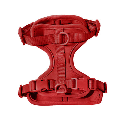Red dog harness for small and large dogs featuring adjustable straps for a secure fit