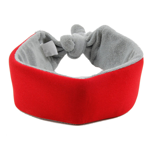 Red and gray cooling dog neck wrap with adjustable tie for pet comfort and heat relief