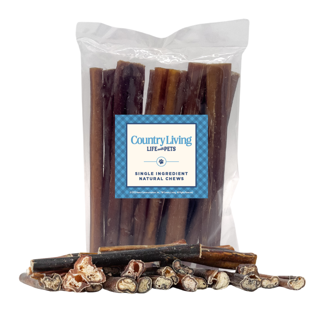 American Pet Supplies all natural beef bully sticks dog treats in clear packaging with loose sticks displayed