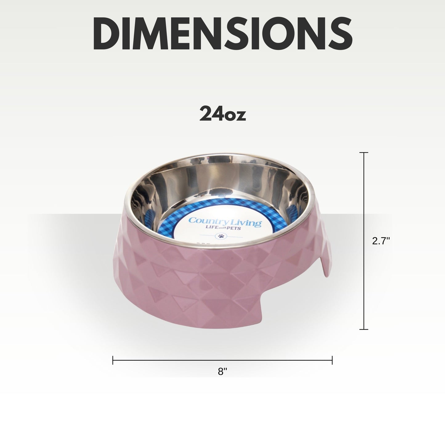 Diamond twill melamine dog bowls in pink with stainless steel interior for durable pet feeding