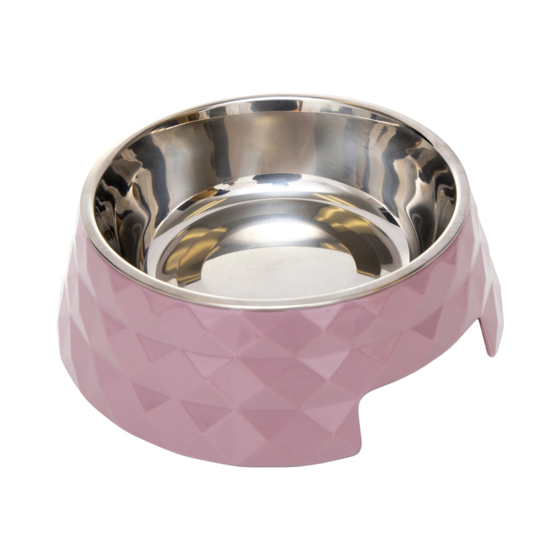 Diamond twill melamine dog bowls in pink with stainless steel insert for stylish pet dining