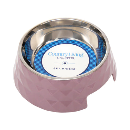 Diamond twill melamine dog bowls in pink with stainless steel inner for pet dining