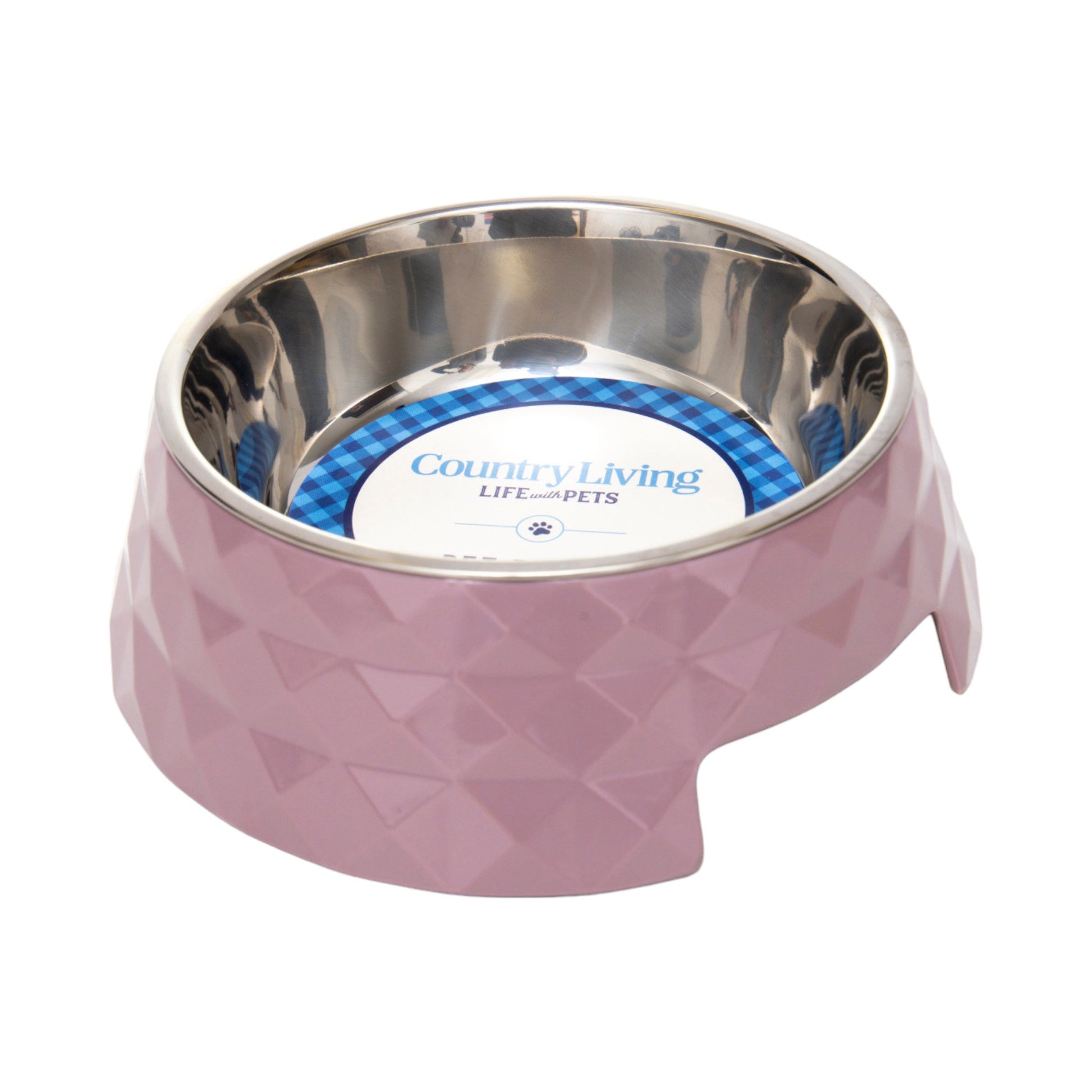 Diamond twill melamine dog bowls in pink with stainless steel interior for stylish pet feeding