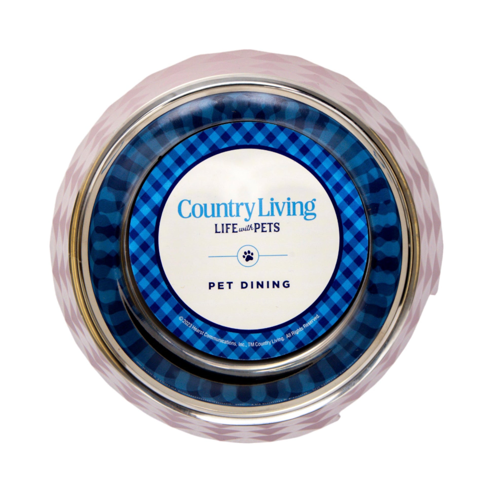 Top view of Country Living diamond twill melamine dog bowls in pink with blue inner design