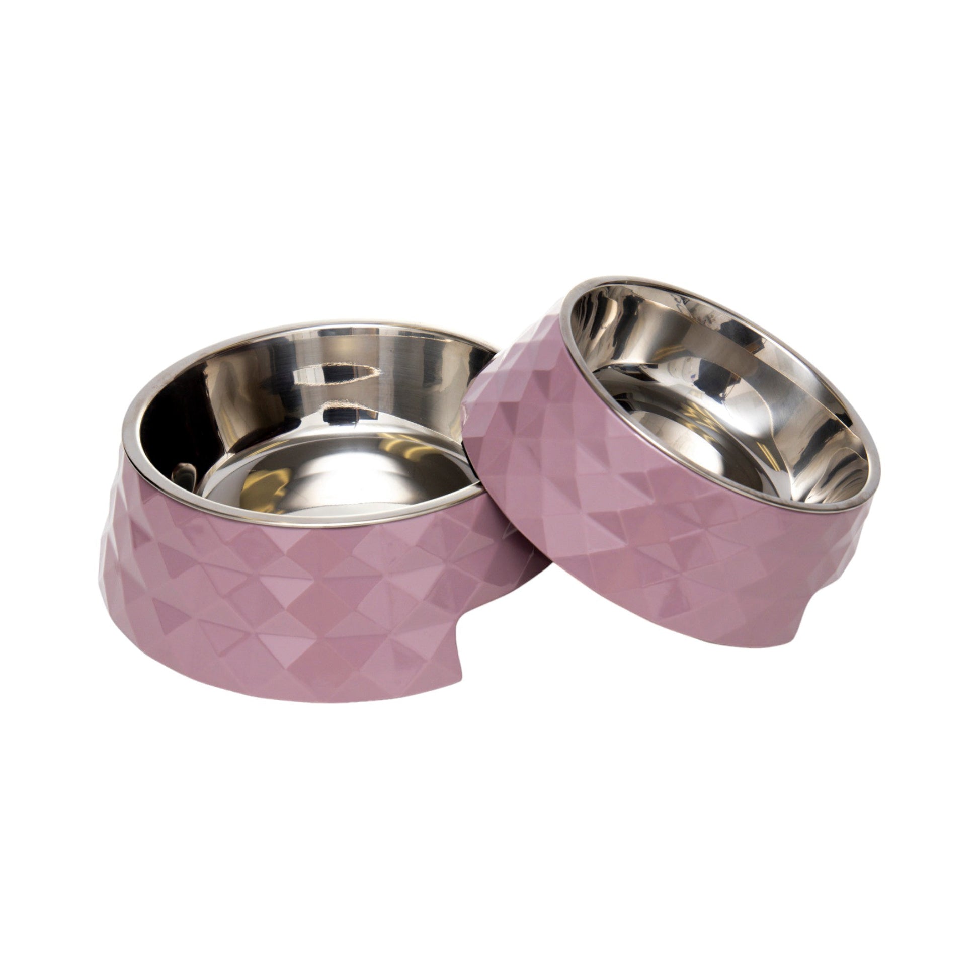 Diamond twill melamine dog bowls in pink with stainless steel inserts for stylish pet dining