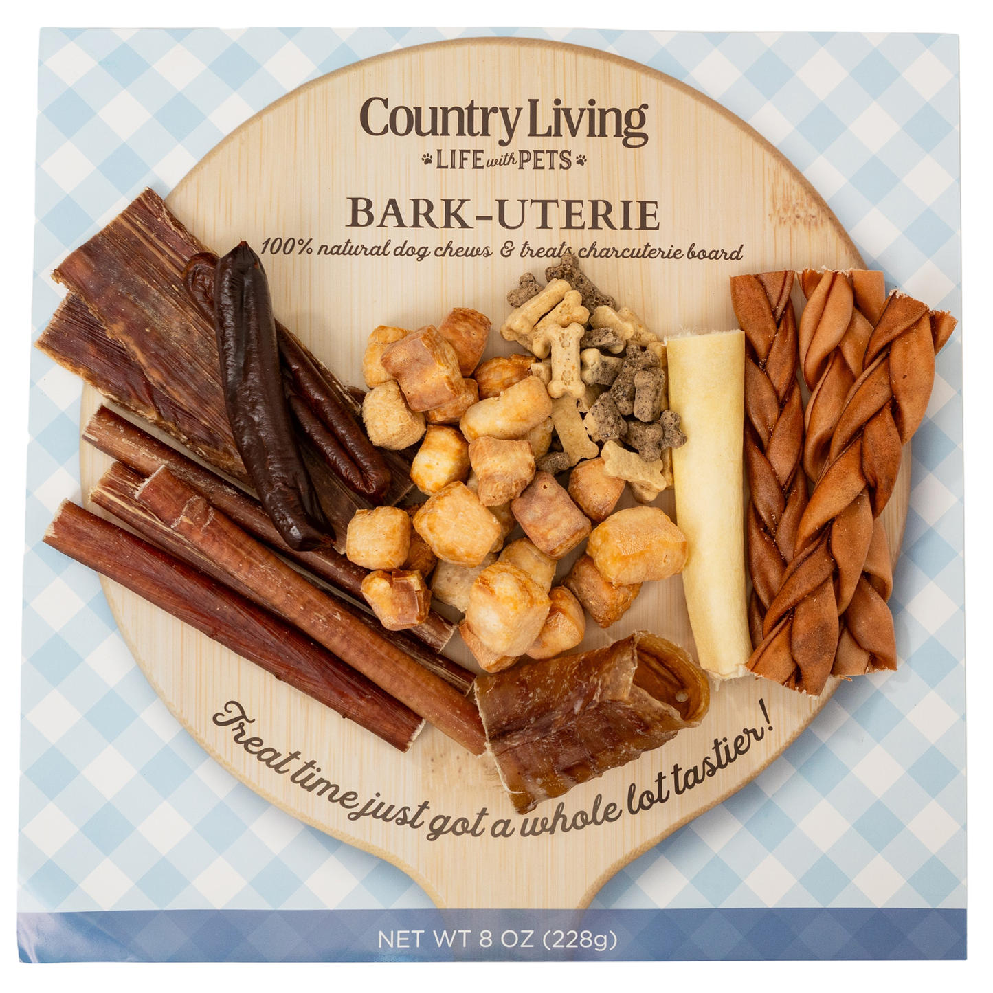 American Pet Supplies dog charcuterie treat board with assorted natural dog chews and treats on wooden platter