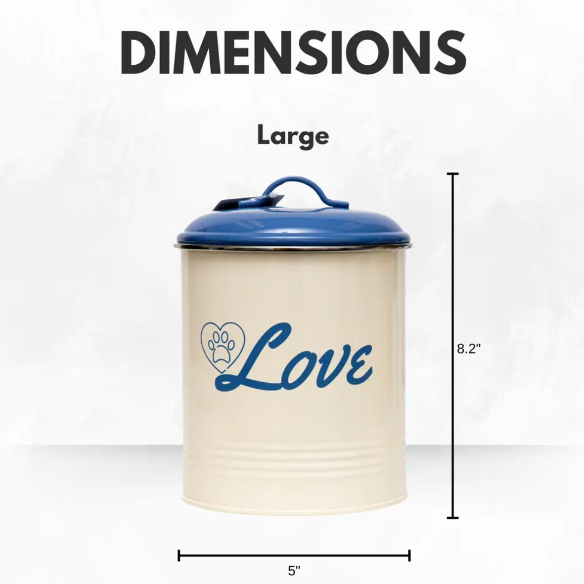 Large dog treat canister set with blue lid and Love design for storing pet treats