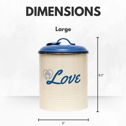 Large dog treat canister set with blue lid and Love design for storing pet treats