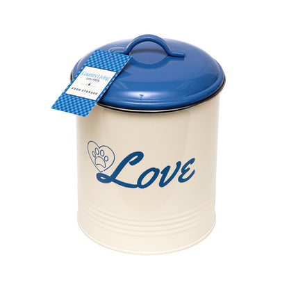 White dog treat canister set with blue lid and Love design for storing pet treats
