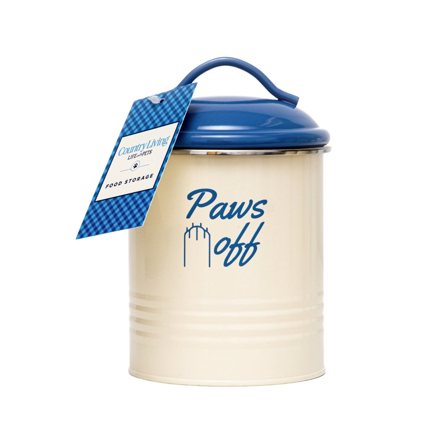 Stylish dog treat canister set in cream and blue with a secure lid for pet food storage