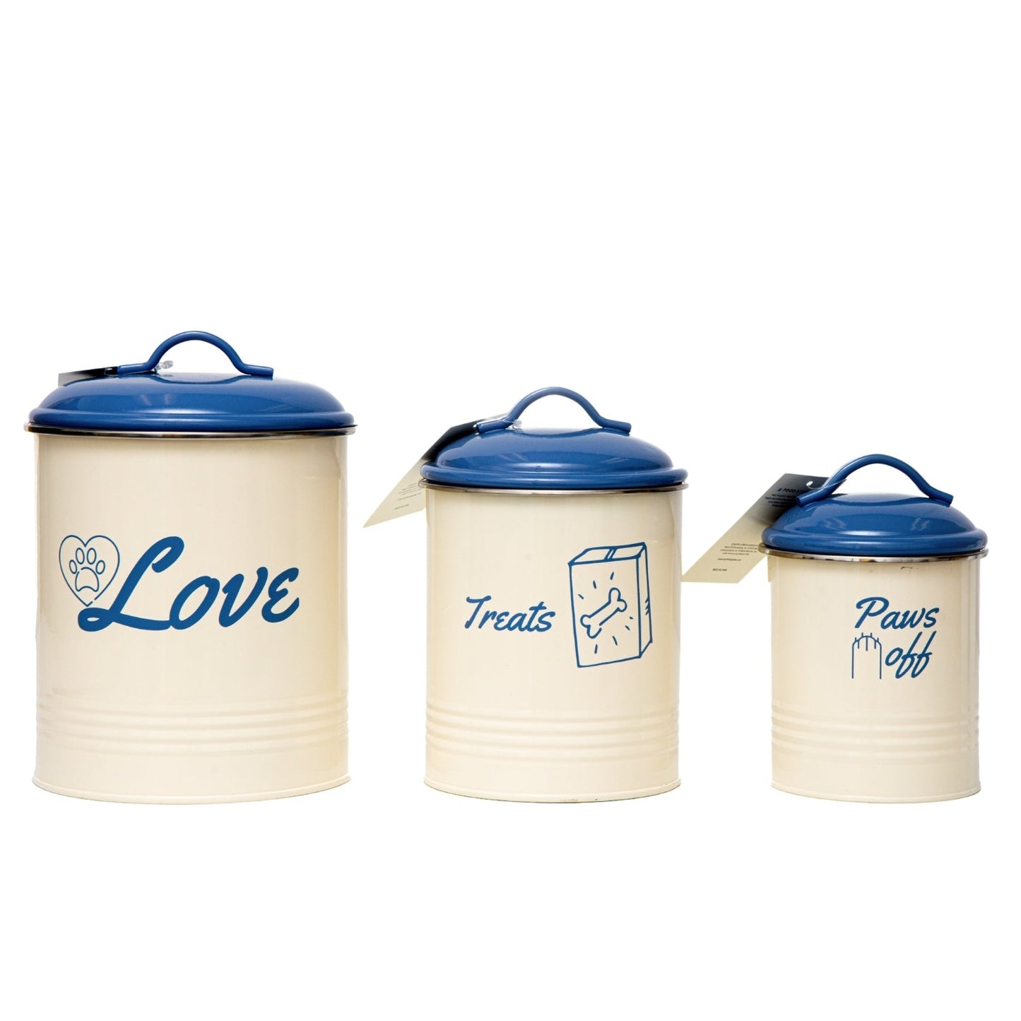 Dog treat canister set with three decorative containers labeled Love, Treats, and Paws Off in cream and blue