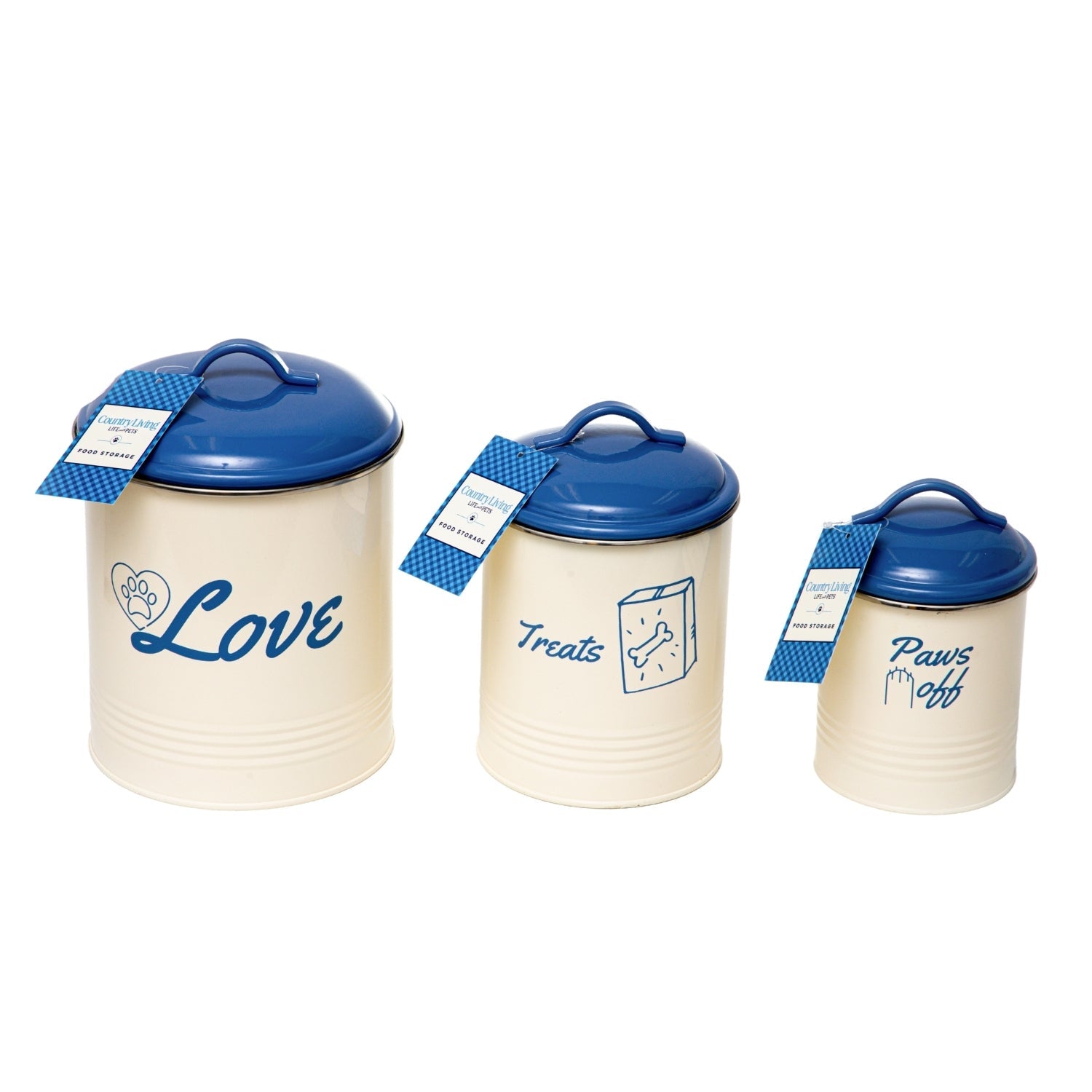 American Pet Supplies dog treat canister set in white and blue with three sizes labeled Love, Treats, and Paws Off