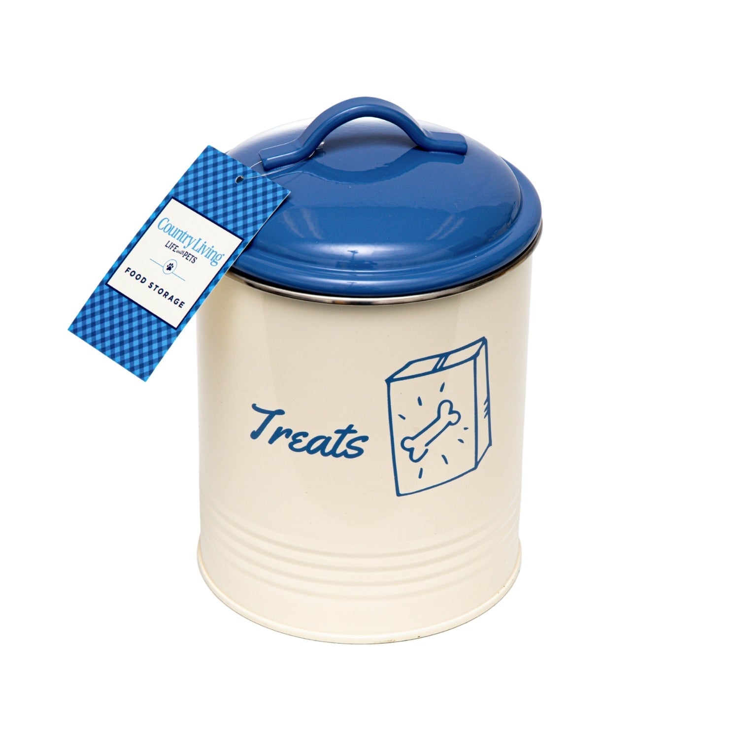 Stylish dog treat canister set with a blue lid and cute bone design for storing pet snacks
