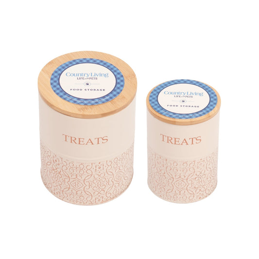 American Pet Supplies dog treat storage canisters set with wooden lids and decorative cream ceramic jars