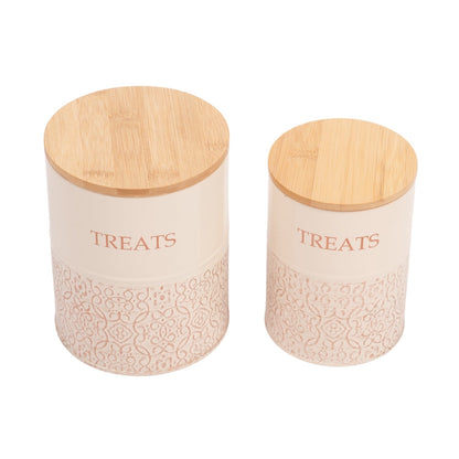 American Pet Supplies dog treat storage canisters with bamboo lids and patterned ceramic bodies set of two