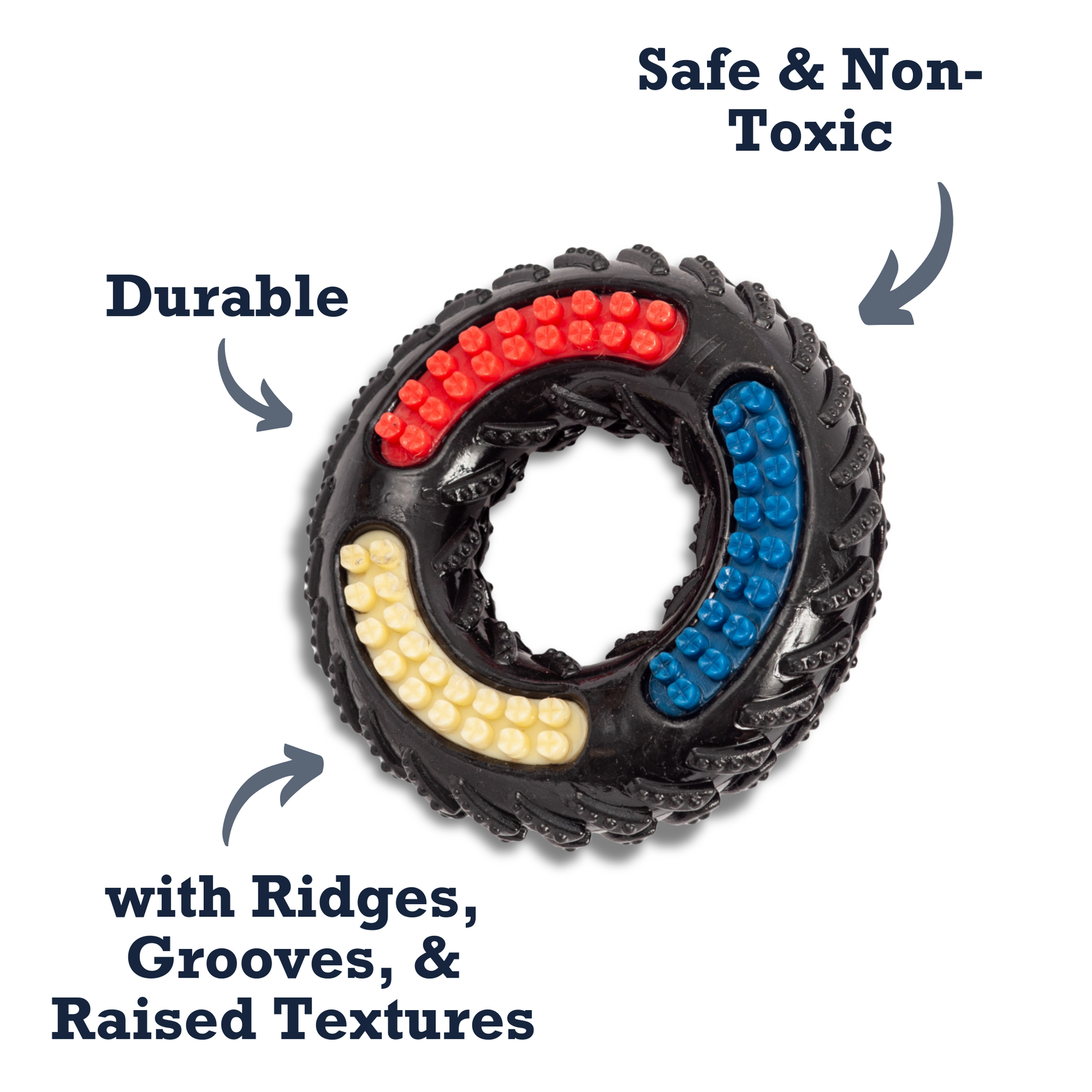 American Pet Supplies durable dog chew toy with ridges grooves raised textures in black with red blue and yellow sections